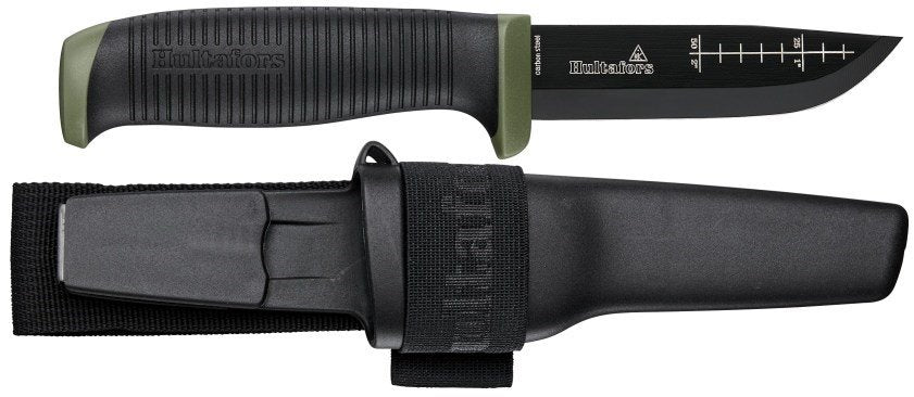 Hulfators Outdoor Knife OK4 with black plastic sheath and a belt loop. The knife is black with green details on the end and finger guard. A measurement chart is presented on the blade.