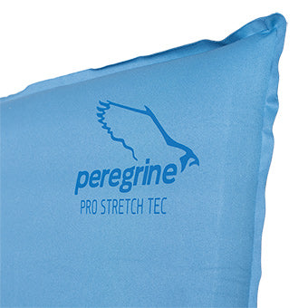 Peregrine Pro Stretch Tec Logo with an outline of a peregrine falcon in dark blue on a light blue inflatable pillow.