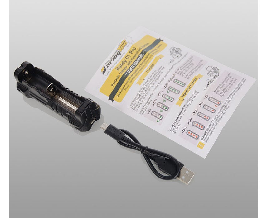 The c1 pro battery charger, micro usb cable and instructions manual.