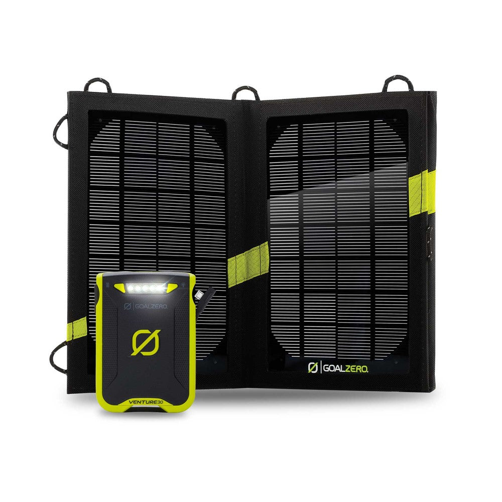 Goal Zero Solar Kit with the Venture 30 Battery power bank. The power bank is shown with it's flashlight feature enabled and the usb stowaway loop.