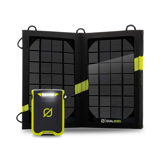Goal Zero Solar Kit with the Venture 30 Battery power bank. The power bank is shown with it's flashlight feature enabled and the usb stowaway loop.