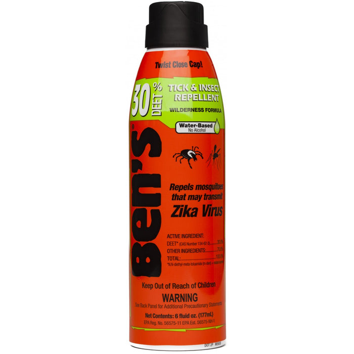 Front view of the Ben's® 30 Tick & Insect Repellent 6oz Eco-Spray canister. Descriptions of 'Tick and Insect Repellent' 'Wilderness Formula' and 'Water-Based, no Alcohol.' 177ml Orange canister with black cap.