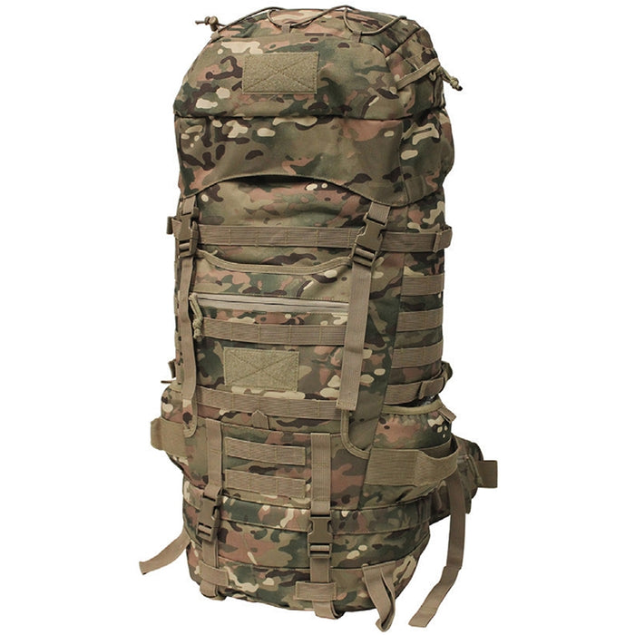 Mil-Spex Highlander Frame Backpack with the large amount of storage compartments and attachment mod areas on the back of the bag, the adjustable mesh on the top storage compartment and the side straps for mounting weapons, tripods, or even a waterbottle. The bag is in a classic army camouflage.