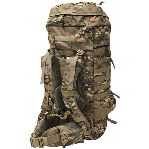 Mil-Spex Highlander 75 Litre backpack in Army green camou on a white background. The padded shoulder straps are shown with the padded waist strap for great comfort.
