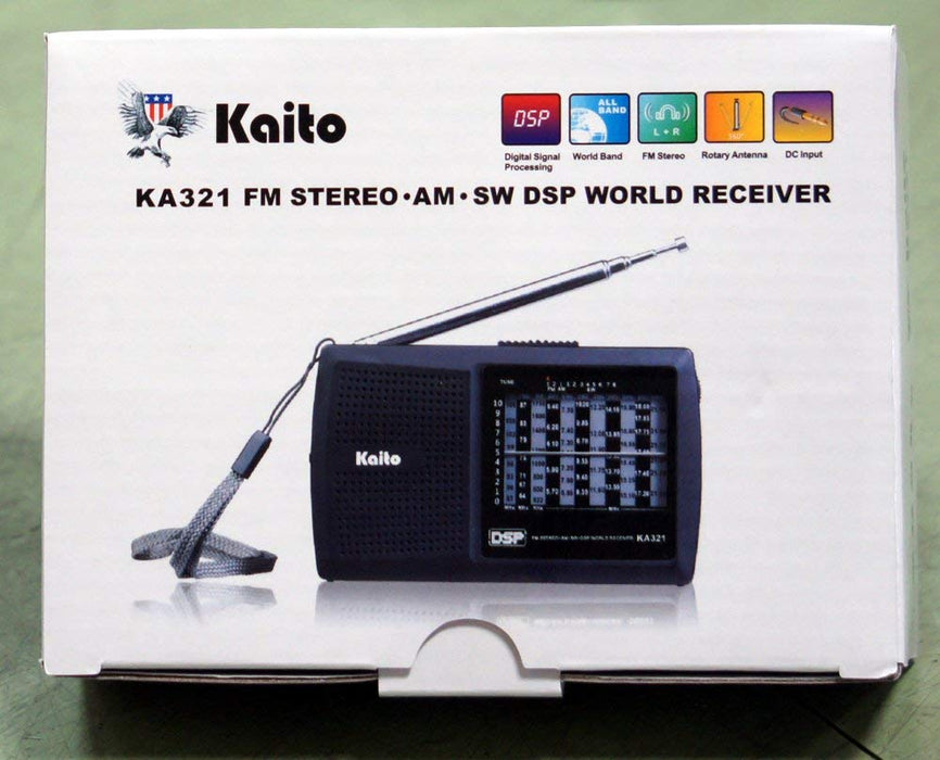 Kaito Ka321 Product box with the labels 'Digital Signal Processing' 'World Band' 'Fm Stereo' 'Rotary Antenna' and 'DC Input'. 