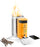 The BioLite CampStove 2 burning a fire in the canister with a pile of sticks to the left and a mobile device to the right being charged via usb through Patented combustion technology.