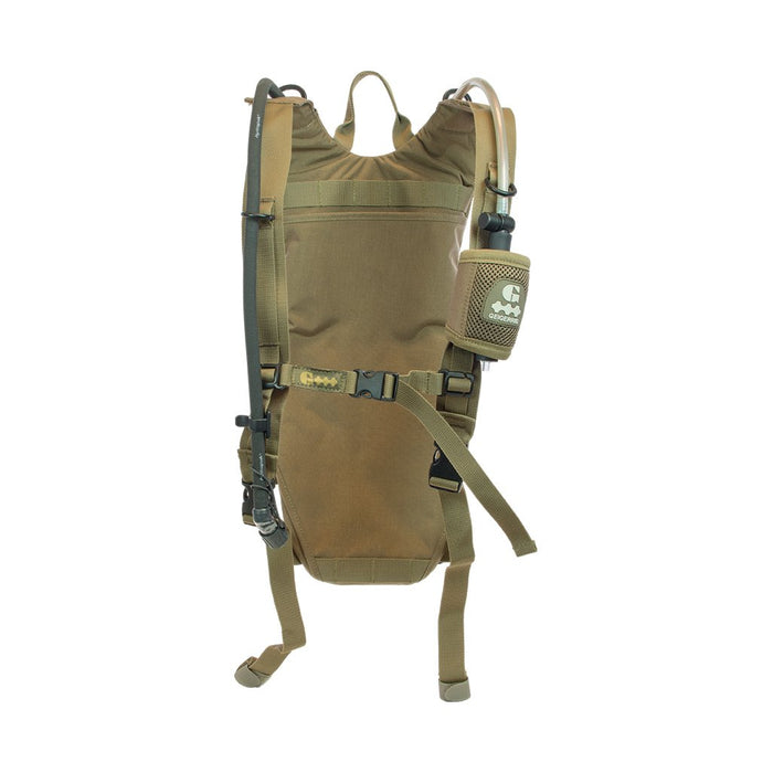 Geigerrig Guardian Tactical Pressurized Hydration Pack in olive green colour with a bite valve cover attached to the shoulder strap. 