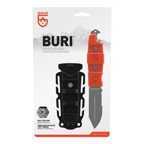 Buri Adventure Knife 'Couteau d'Aventure' packaging, with the knife in orange and the sheath in black.