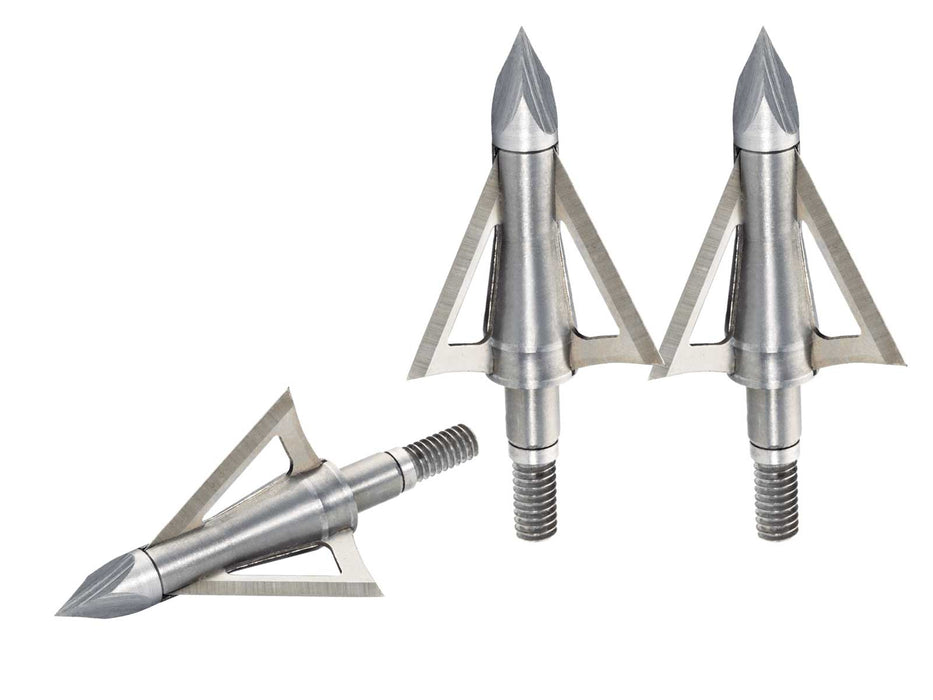 Three Stainless Steel Boltcutter B.A.T Broad heads on a white background. 