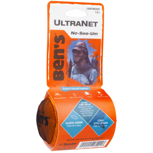 Ultranet No-See-Um Ben's Head net front view with product information: 'Elastic crown' 'Strap style Design' 'Ultra Fine Mesh' and "protect yourself against Mosquitoes, No-See-Ums, Flies, and Black Flies.'