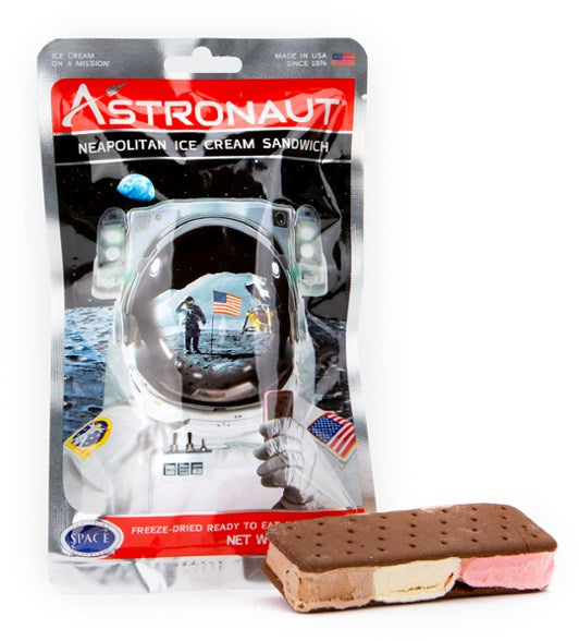Astronaut Freeze Dried Neapolitain Ice cream sandwich package with an astronaut holding an ice cream sandwich on the moon.
