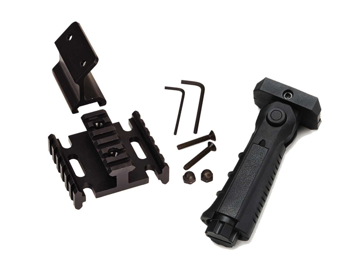 Excalibur Crossbow Tactical Pack. The three-rail mounting base is to the left, the reversible quiver mounting bracket is above it and a removable multi-position handgrip showing to the right.