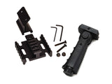 Excalibur Crossbow Tactical Pack. The three-rail mounting base is to the left, the reversible quiver mounting bracket is above it and a removable multi-position handgrip showing to the right.