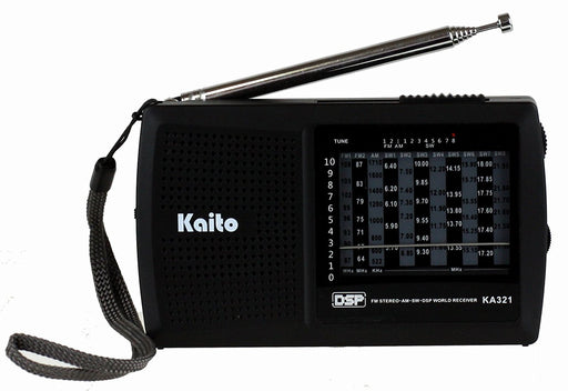 Kaito 321 Short Wave AM/FM World Receiver in black with SW frequencies and DSP technology.