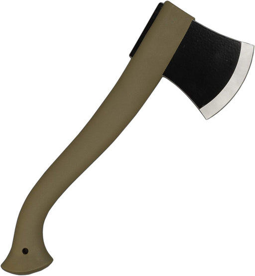 Moraknive Boron Lightweight Camping Axe on a white background. The axe shaft is an olive colour and the blade is black rubber painted with a stainless steel tip.