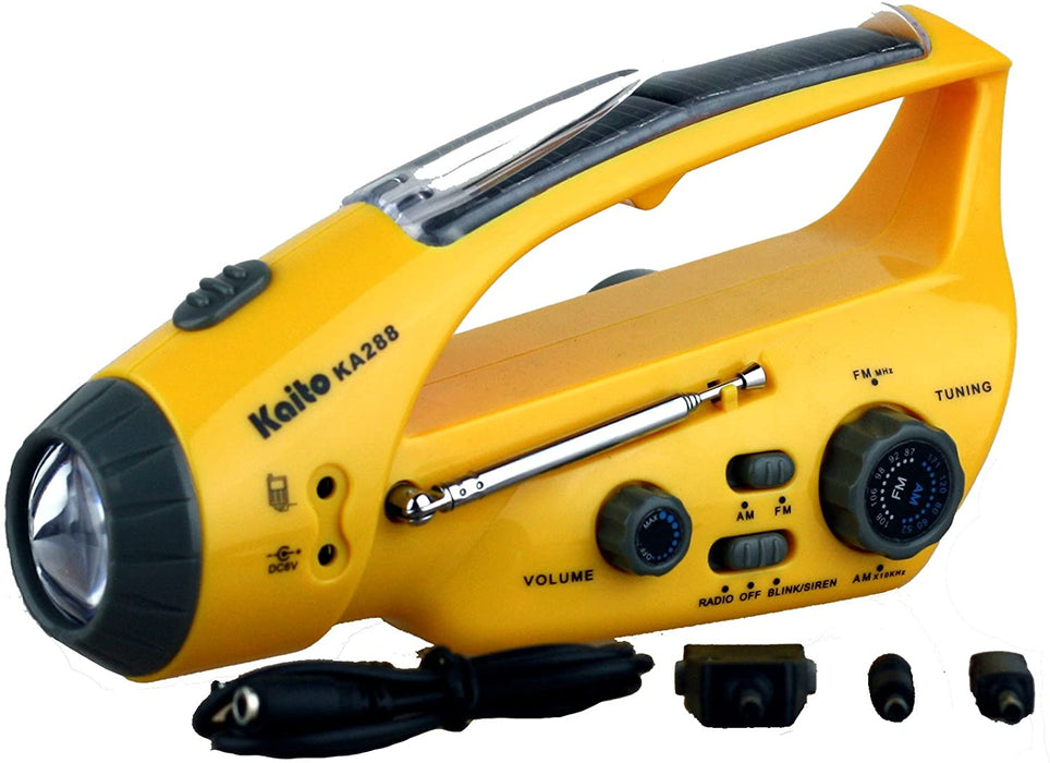 Kaito KA288 Solar/Wind-up Flashlight with AM/FM Radio in yellow, the AM/FM tuner is shown along with the Blink Siren for emergency situations.