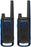 Motorola t800 two way radio in black and blue accents. The volume buttons are on the side in blue and the tuner knob is on the top in black.