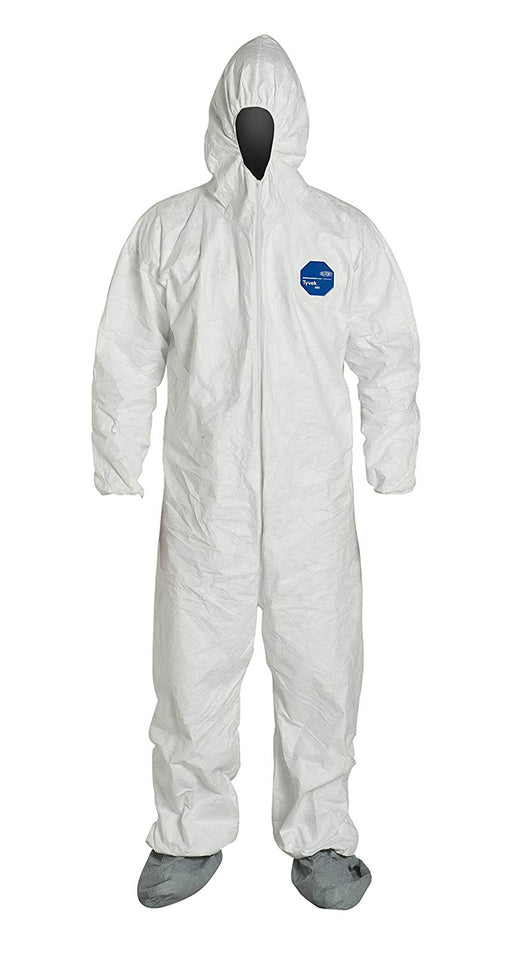 Tyvek Protective suit in white with the hood up and boots attached.