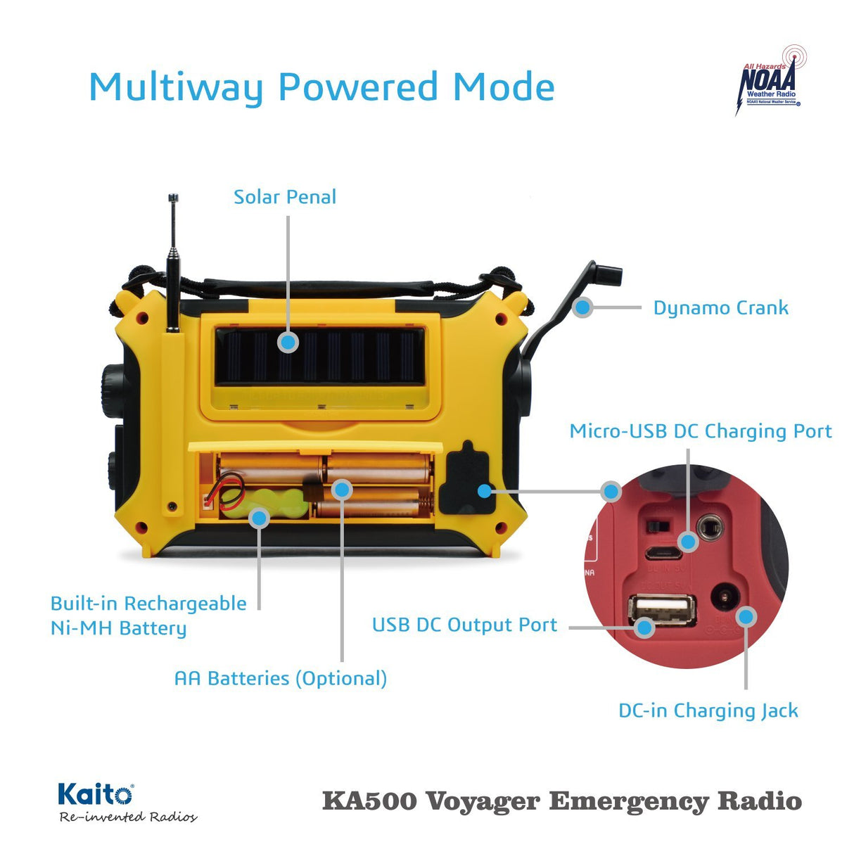 Kaito KA500L LITHIUM Handheld Radio + Reading Lamp with 4-way Powered Emergency AM/FM/SW NOAA Weather Alert Solar and Hand Crank