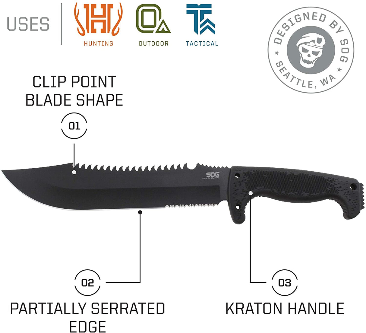 SOG Jungle Primitive Machete | Partially Serrated + Nylon Sheath (F03TN-CP)