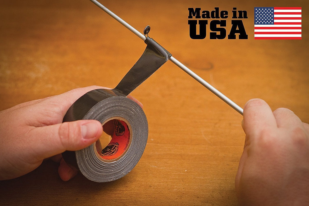 Gorilla 1inch Tape Roll being used to fix a fishing rod with the 'Made in USA' logo. 