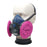 A bolakal face mask respirator on a mannequin with pink filters attached. The face mask is a navy blue colour with black straps.