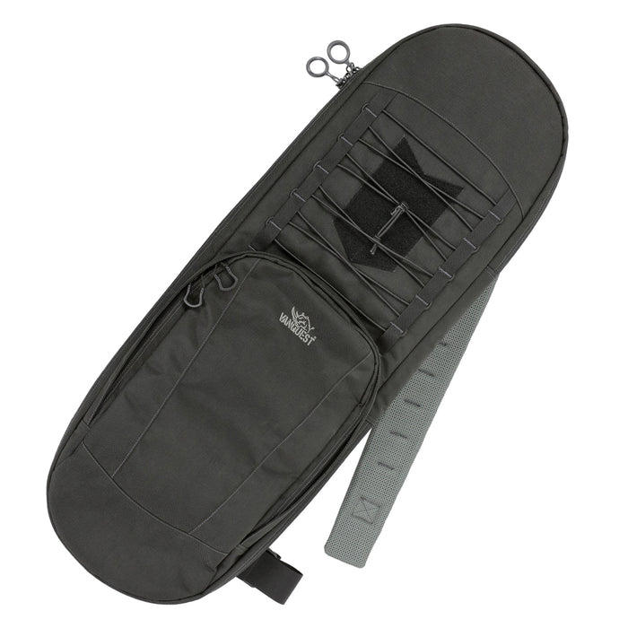 Vanquest Rackit 36 Gen 2 Cover Rifle Pack in Black. The padded shoulder strap rests outward.