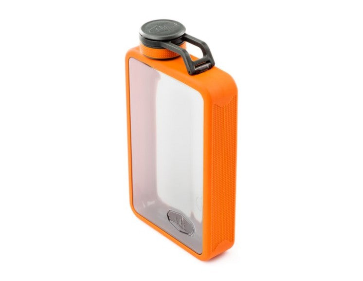 GSI Boulder Flask in Orange with a clear see through body.