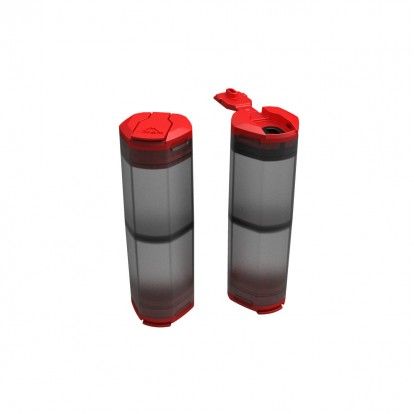 Mountain Safety Research Salt and Pepper shaker. The shakers are dual chamber meaning there are two compartments per shaker with red lids, the body of the shaker is a semi transparent black.