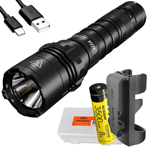 Nitecore P22r Tactical Flashlight with usb c cable, 3500mAh rechargeable battery and belt clip.