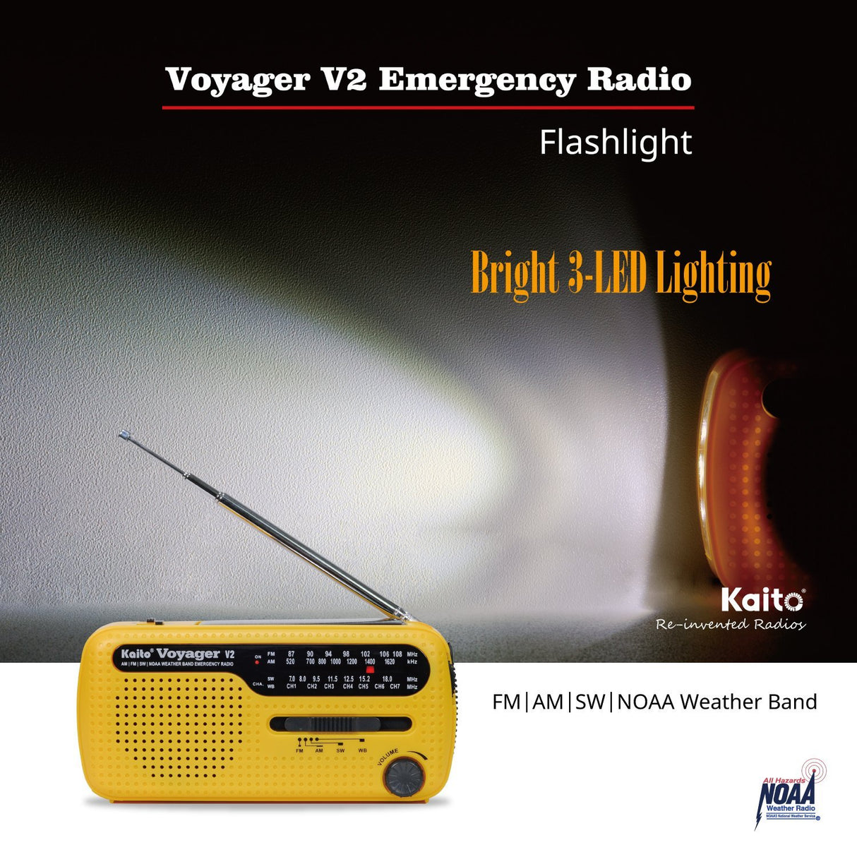 Kaito Voyager 2 Portable Solar/Hand Crank AM/FM, Shortwave & NOAA Weather Emergency Radio with USB Cell Phone Charger & LED Flashlight