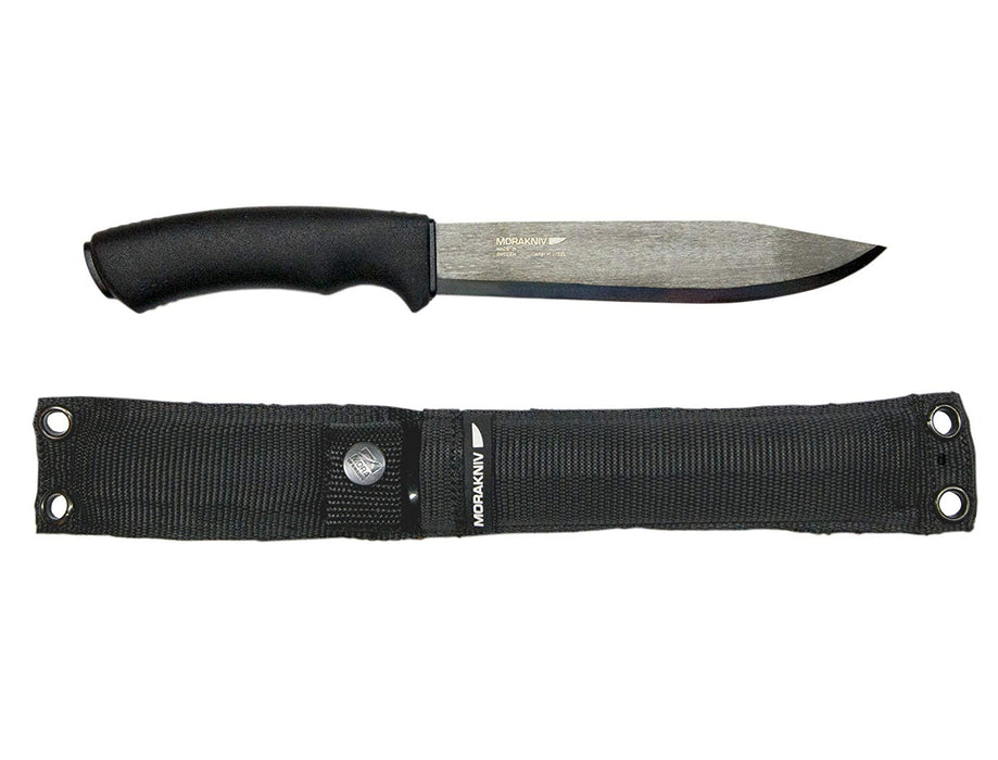 Morakniv Pathfinder knife with a carbon steel blade and black nylon sheath on a white background.