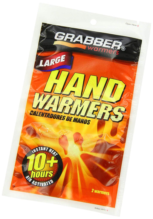 Grabber Hand Warmers 'Calentadores de manos' product package with description 'instant heat with 10+ hours'.