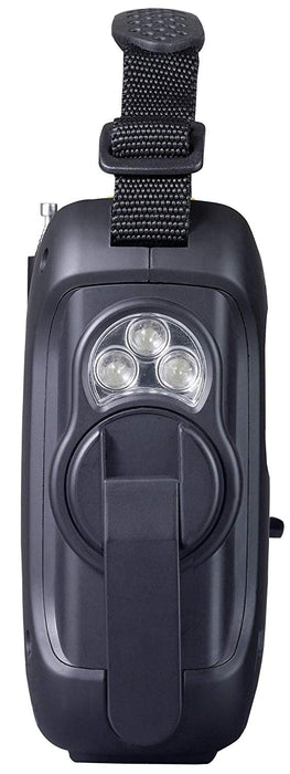 The Hand crank of the Kaito voyager Pro Ka600 Emergency Flashlight Radio with the side LED light and top hand strap.