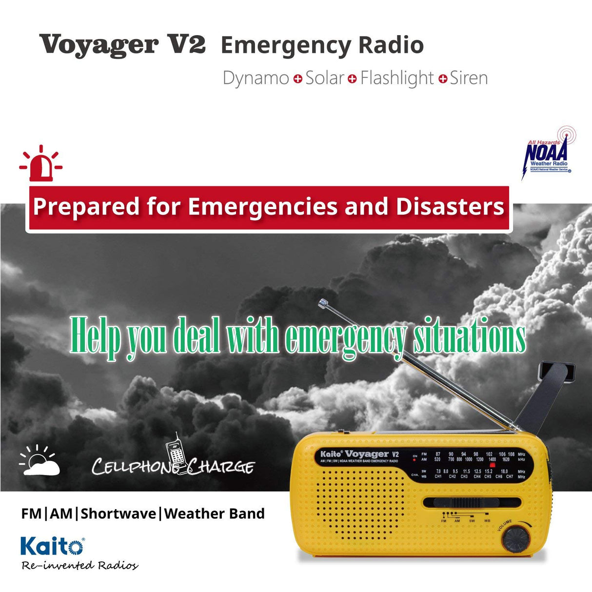 Kaito Voyager 2 Portable Solar/Hand Crank AM/FM, Shortwave & NOAA Weather Emergency Radio with USB Cell Phone Charger & LED Flashlight