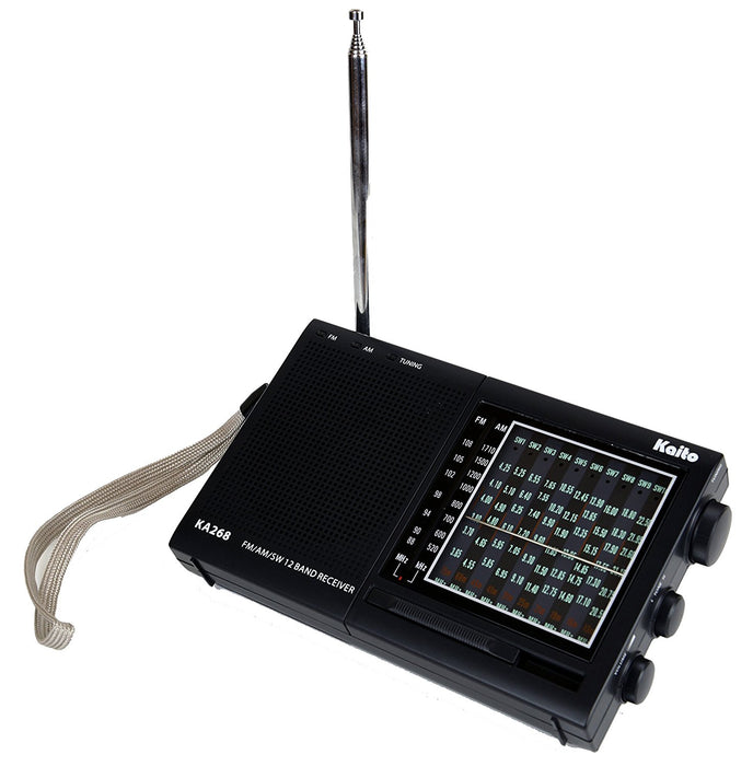 The Katio 268 Multi-Band emergency radio raised off the ground using it's built in stand.