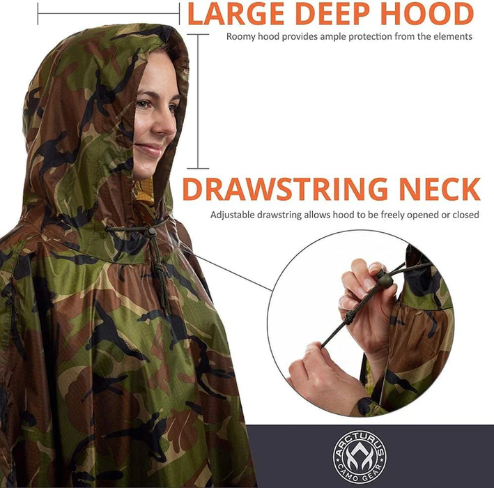 Arcturus Lightweight Waterproof Rain Poncho- Camo