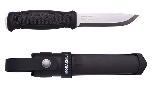 Morakniv Garberg Knife with a Black handle grip, window basher and a full tang fixed blade. A sheath with the Morakniv logo in black. 
