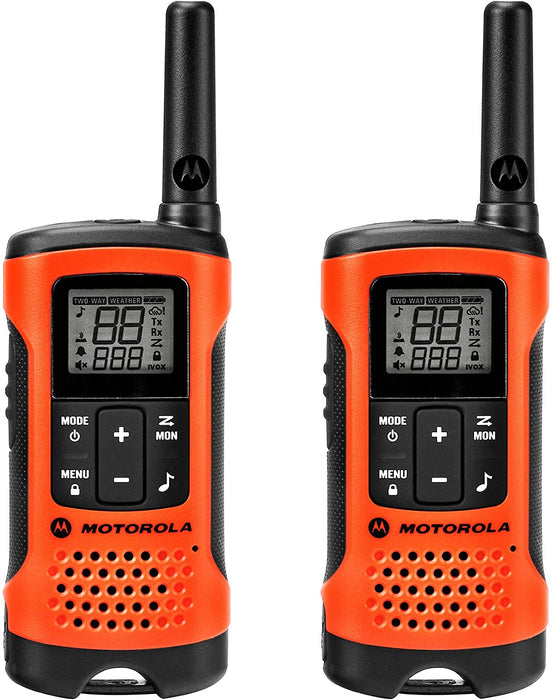 Two Talkabout T265 Radios in orange and black on a white background.