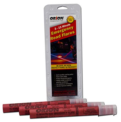 Orion 3-15 minute Emergency Road Flares Kit with 3 of the road flares laid out infront of the product package. The description 'Be Safe, Be Seen, Protect Family & Property' is shown on the packaging.