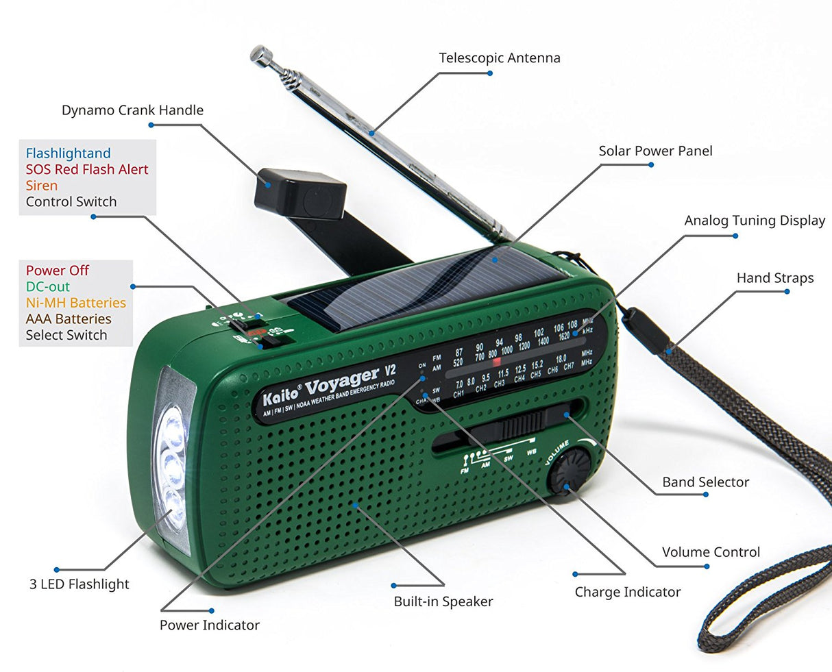 Kaito Voyager 2 Portable Solar/Hand Crank AM/FM, Shortwave & NOAA Weather Emergency Radio with USB Cell Phone Charger & LED Flashlight