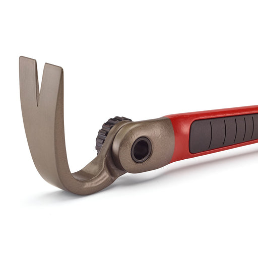 The adjustable head of the Hultafors adjustable Wrecking Bar. The Bar is a red colour with a black rubber insert.