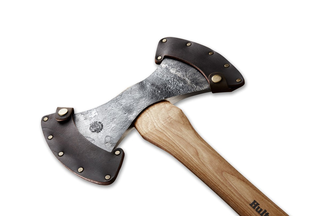 Hultafors Wetterhall Competitive Throwing Axe. The double sided axe is shown sheathed in a dark brown leather.