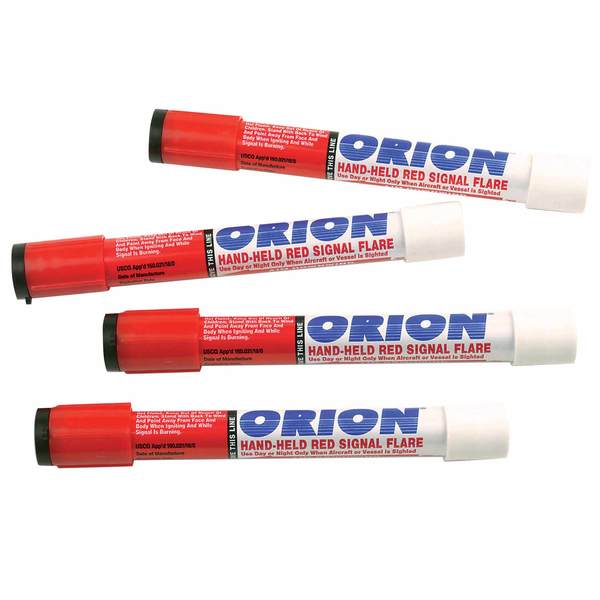 4 Orion Hand-held red signal flares side by side on a white background.