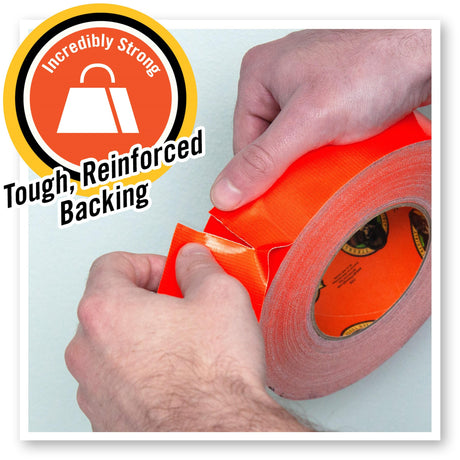 Person tearing a piece of High Visibility Gorilla tape, the description 'Incredibly Strong, tough, reinforced backing'. 