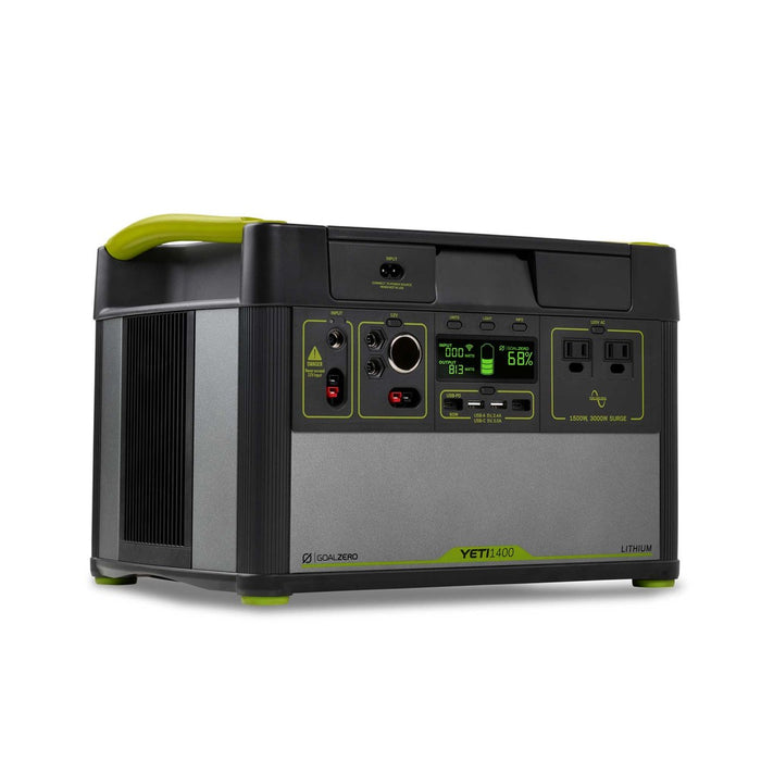 Front of the Yeti 1400 Lithium power station showcasing the usb ports, 120 v ac power ports and the car port.