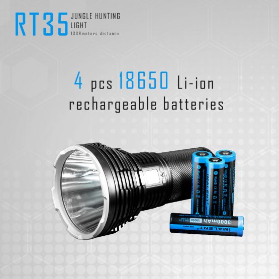 A RT35 flashlight laid beside 4 rechargeable usb batteries. 