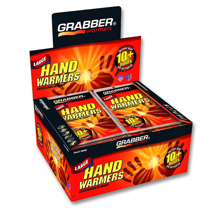 Box of Grabber Warmers Large Hand Warmers, on the package is a silhouette of two hands with a warm light beam between them.