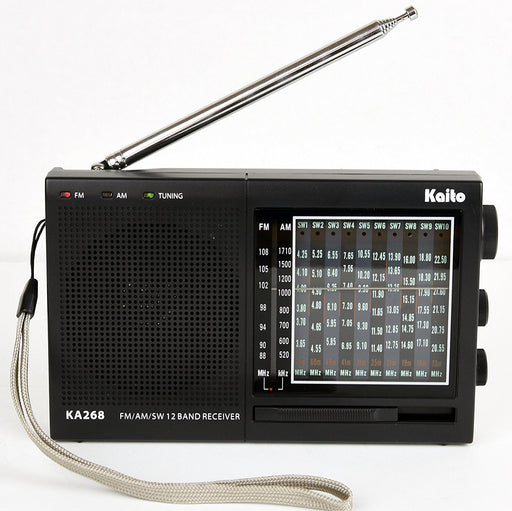 Kaito KA 268 Multi-Band Analogue World Receiver with Am and Fm channels shown, a black body, grey wrist strap and the attenna pointed upwards.
