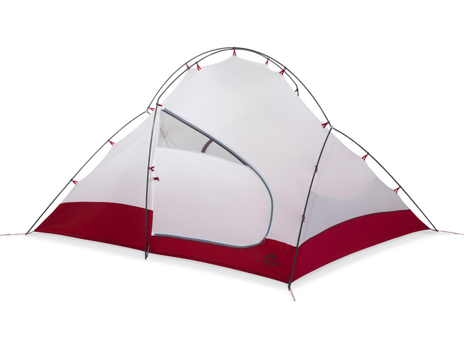 Entry way of the MSR 3-person Access tent. The tent is white and deep red with the MSR logo in the bottom right.
